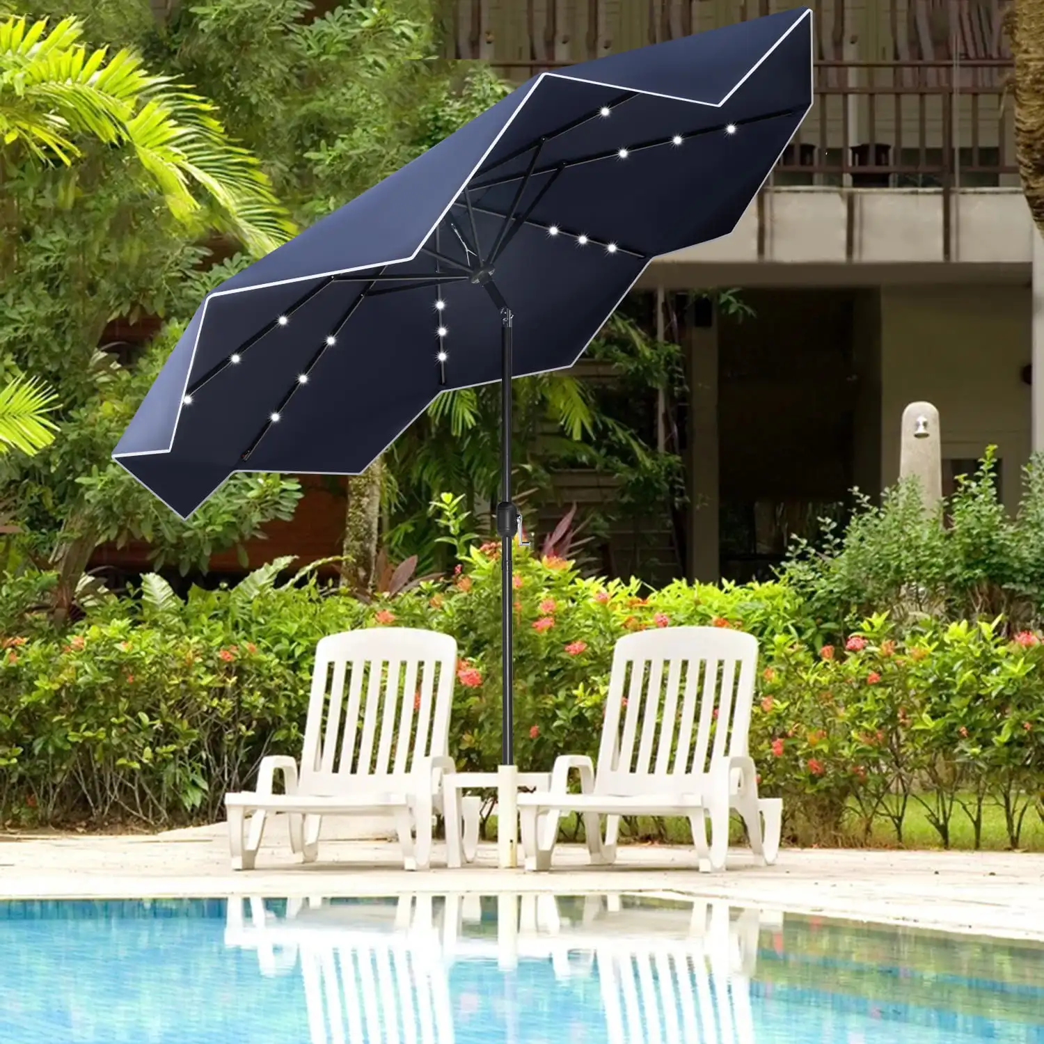 

9 Ft Patio Umbrella with LED Solar Lights Navy Blue