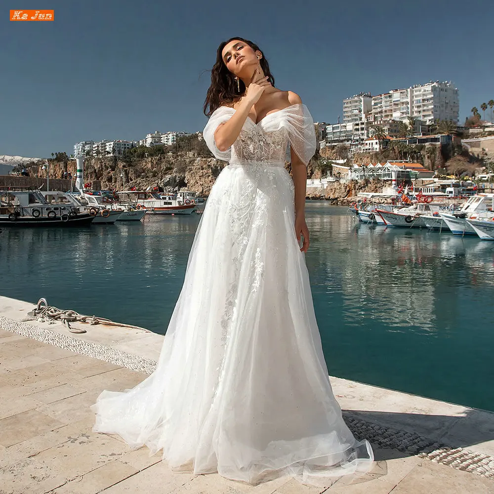 

KA JUN Boho Off Shoulder Wedding Dress Lace Appliques Tulle Vestidos De Noiva A Line Sexy Backless Bridal Gown Robe De Mariée