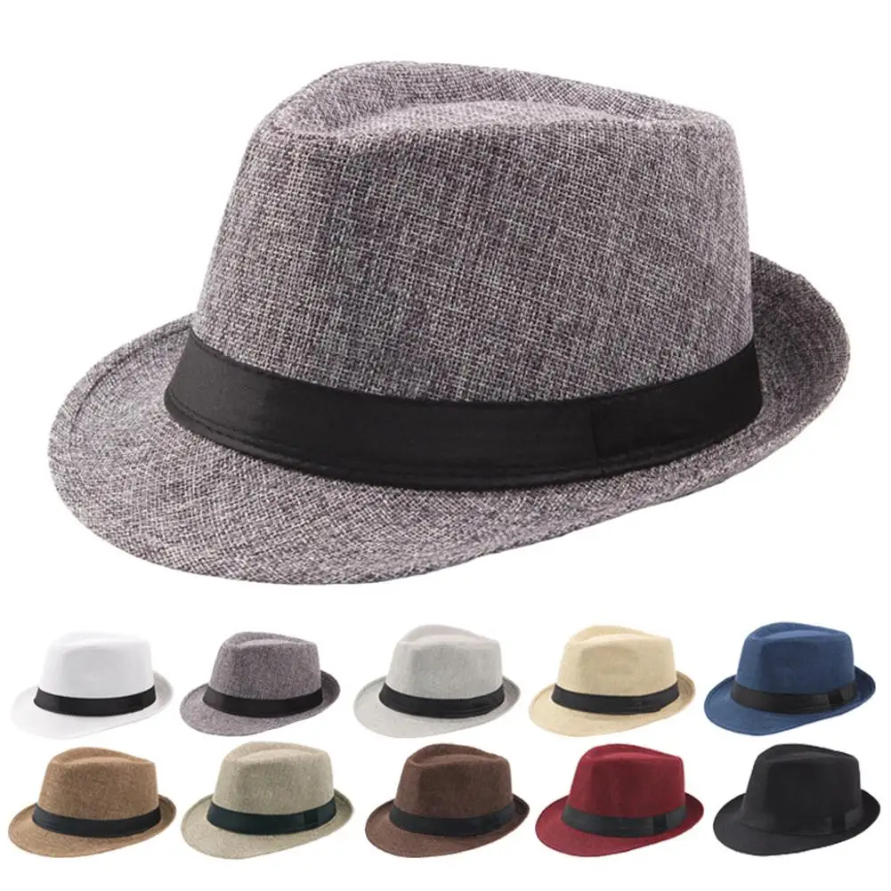 

Fedora Hat for Men Linen Wide Brim Sun Protection Solid Color Panama Cap Boater Summer Beach Sunhat Jazz Hat for Vacation