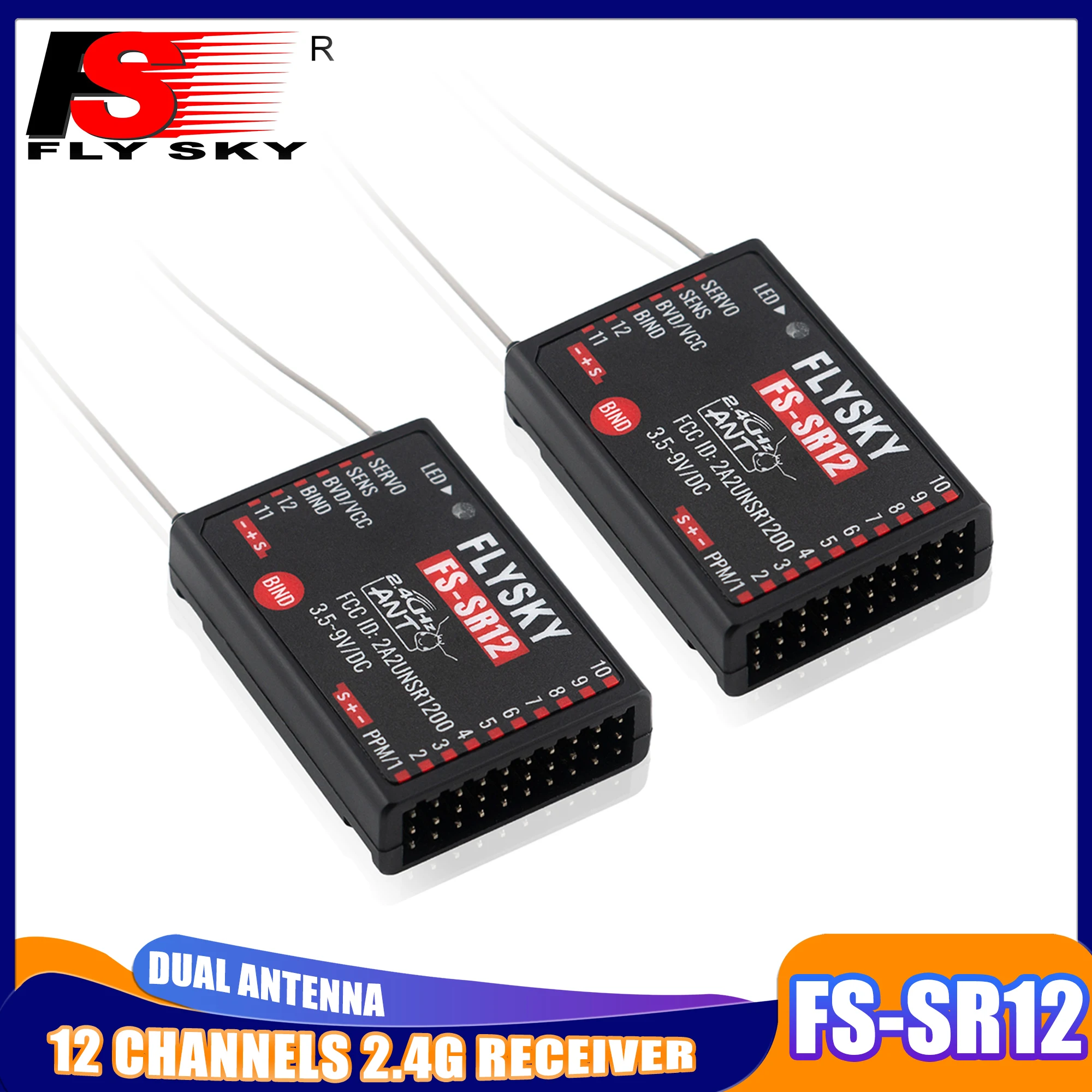

FLYSKY 12CH 2.4G Receiver 1/2/4PCS FS-SR12 Dual Antenna for RC Fixed Wing Car Boat Robot Model Toy Protocol Transmitter FS-ST8
