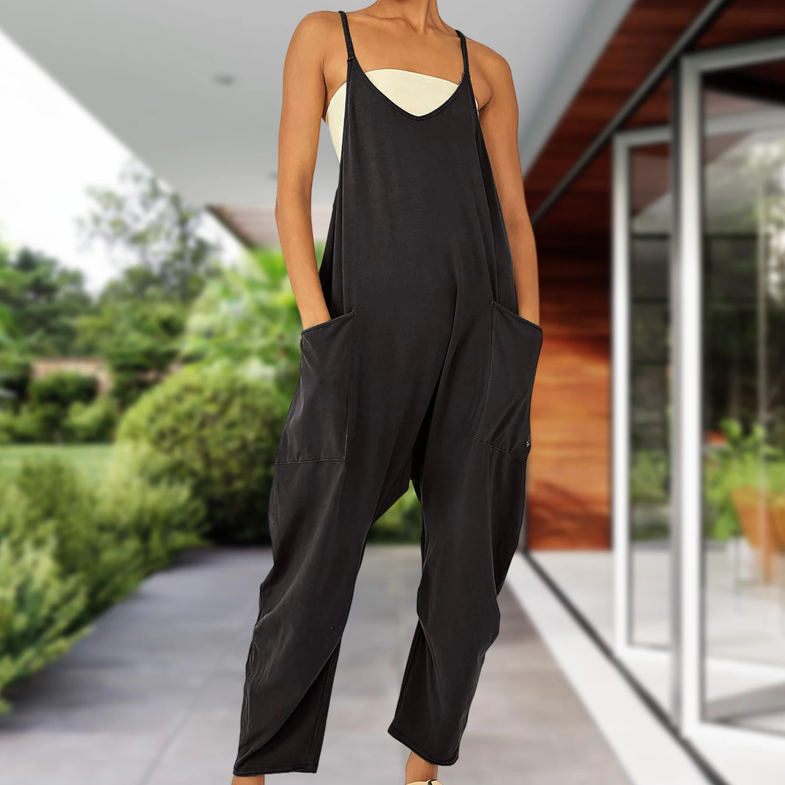 

Ladies Spaghetti Strap Jumpsuit Solid Color Suspender Overall Jumpsuit Sleeveless Oversized Deep V Neck Streetwear Outfit