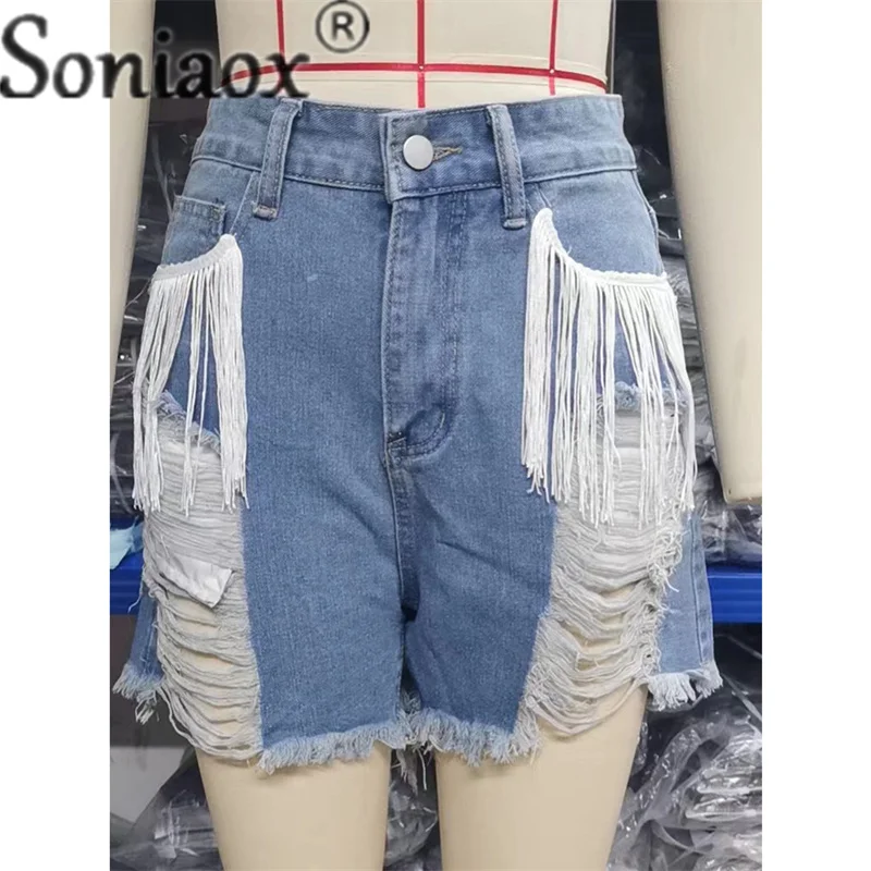 Fashion Broken Holes Splicing Tassels Denim Shorts Women's Street Casual Three-quarter Pants Female Daily Summer Straight Jeans