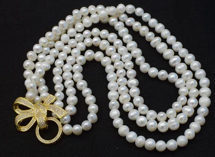 

Natural zircon clasp 3rows freshwater white pearl near round 7-8mm necklace 18-20" nature beads