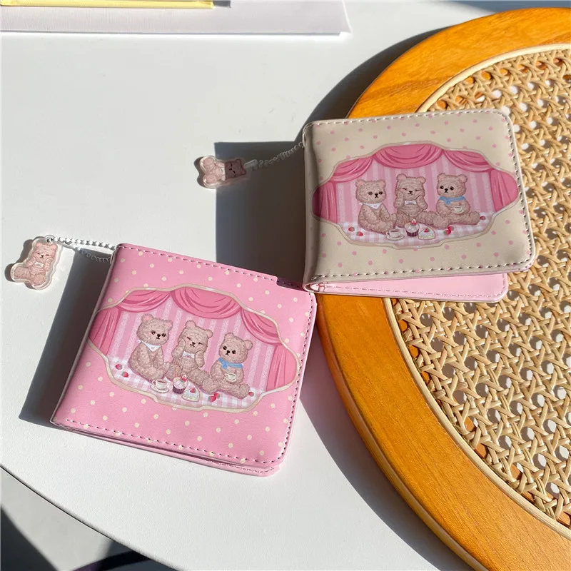 

Kawaii 3 Bear Leather Wallets Pink Lolita Girls Mini Purse Business Card Holder Vintage Women's Wallet Ladies Bag