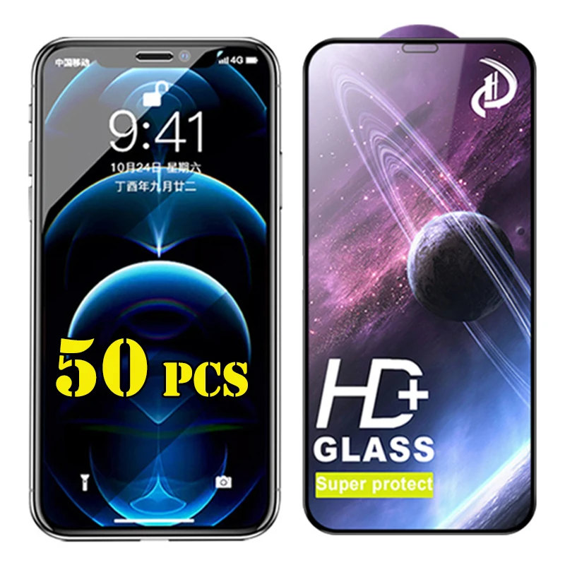 50pcs Full Cover Tempered Glass On the For iPhone 13 12 11 Pro Mini X XR XS MAX Screen Protector On iPhone 14 pro max Glass