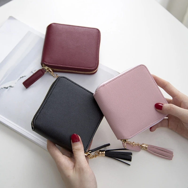 Square Zipper Tassel Small Wallets Ladies PU Leather Purse Short Coin Bag Credit Card ID Card Holder Money Simple Wallet