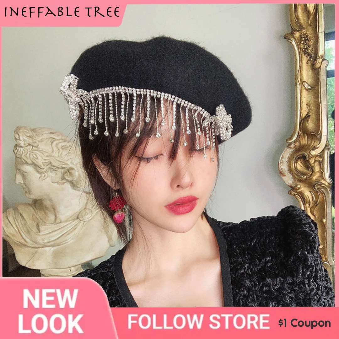 French Retro Women's Girls Rose Crystal Tassel Chain Berets Hat Sweet Lolita Girls Cozy Berets Socialite Artist Cap Party Gorras