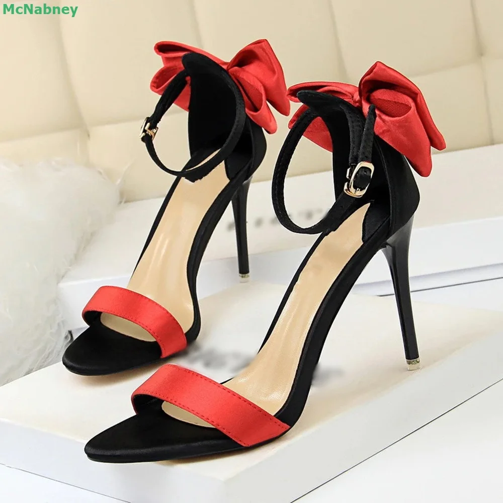 Butterfly-knot Ankle Buckle Strap Sandals Mixed Colors Round Toe Thin High Heel Shallow Sweet Simple Design Classics Summer Shoe
