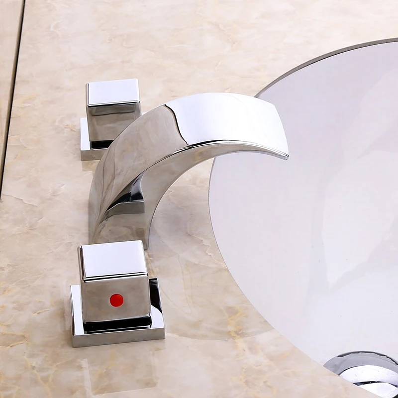 

Vidric Chrome 3pcs LED Waterfall Basin Faucet Dual Handles Mixer Tap Waterfall Spout Deck Mount Bathroom Faucet Torneira lavabo
