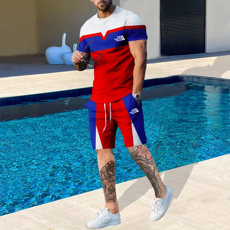 Summer Men's Casual Suit Trendy Round Neck Irregular Color Matching T-Shirt Set Men's Youth  Sports Suit Slim Outdoor breathabl