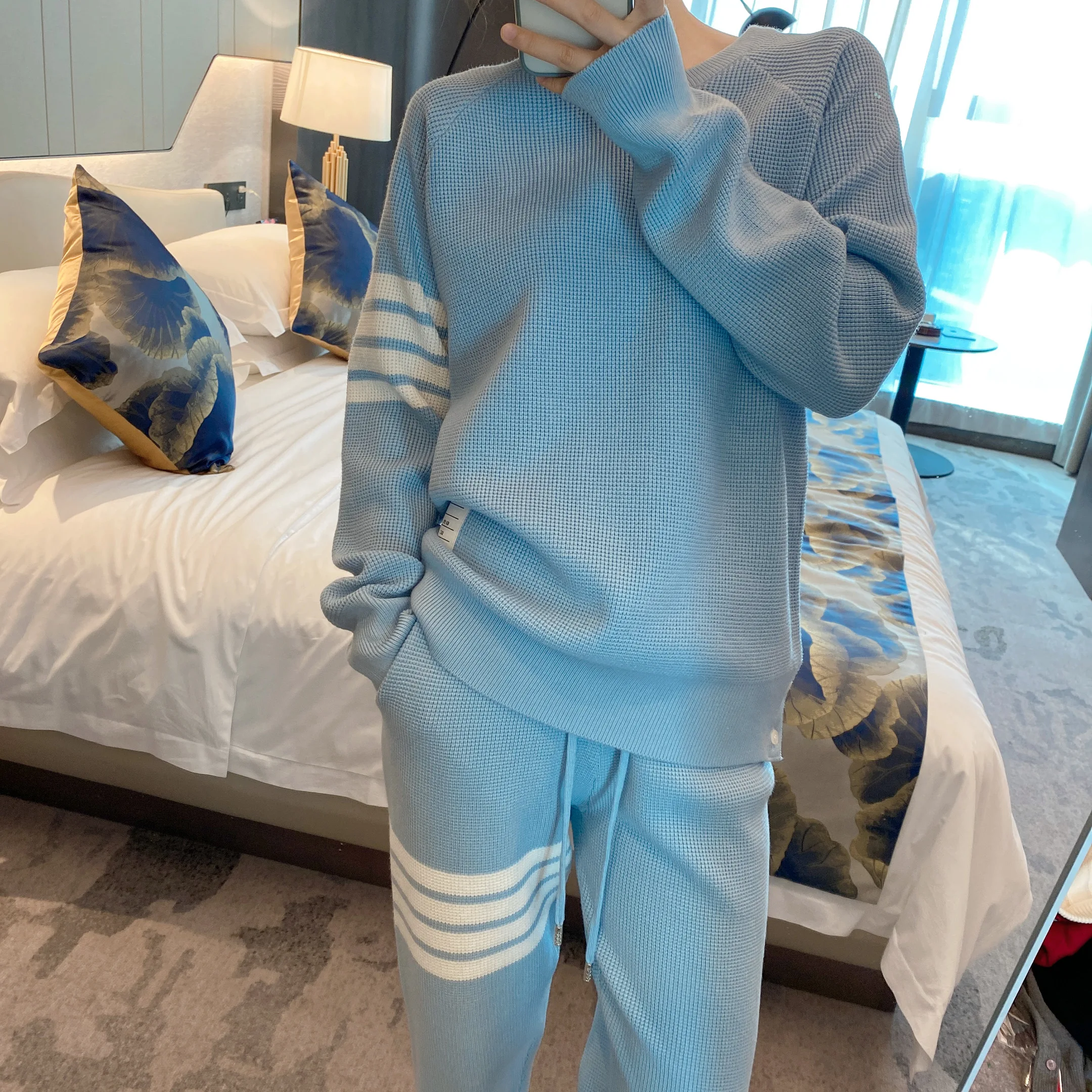 TB Korean Fashion Waffle Knitted Sweater Pullover Autumn and Winter New Four Bar Loose Crew Neck Sweater