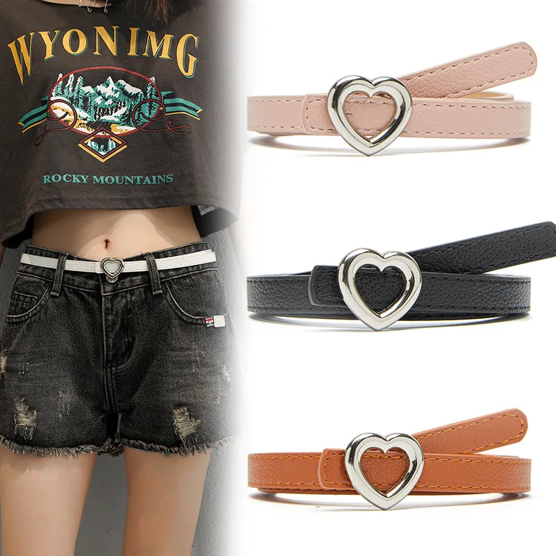 

Ladies Heart Buckle Belts Strap Simple Fashion Plate Buckle Thin Belt Girl Ins Wind Versatile Dress Jeans Belt for Women