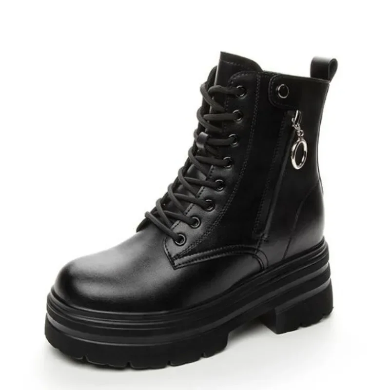 

8CM New Genuine Leather Platform Wedge Hidden Heel Women Ankle Boots Casual Chunky Sneakers High Heels Spring Autumn Shoes