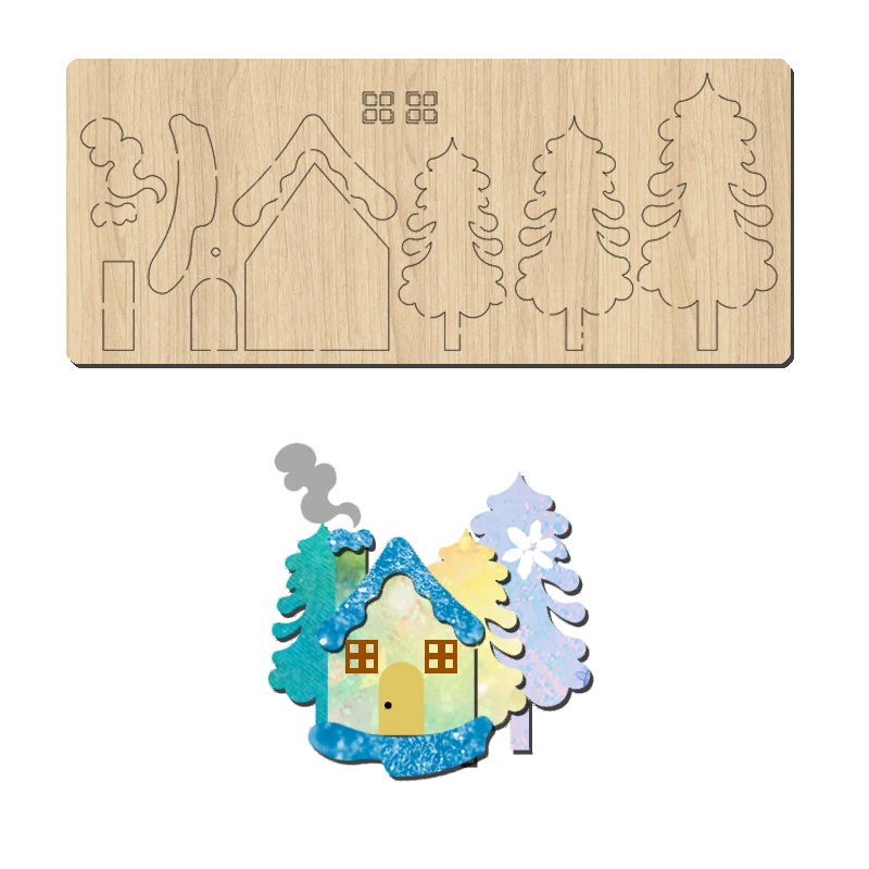 YM30  Cartoon House And Tree Shaped Wooden Cutting Die, Suitable For Most Machines