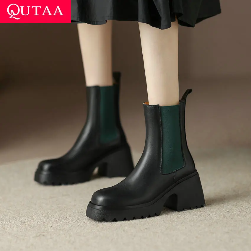 

QUTAA 2023 Women Ankle Boots Autumn Winter Elegant Office Ladies Genuine Leather Thick High Heels Basic Shoes Woman Size 34-40