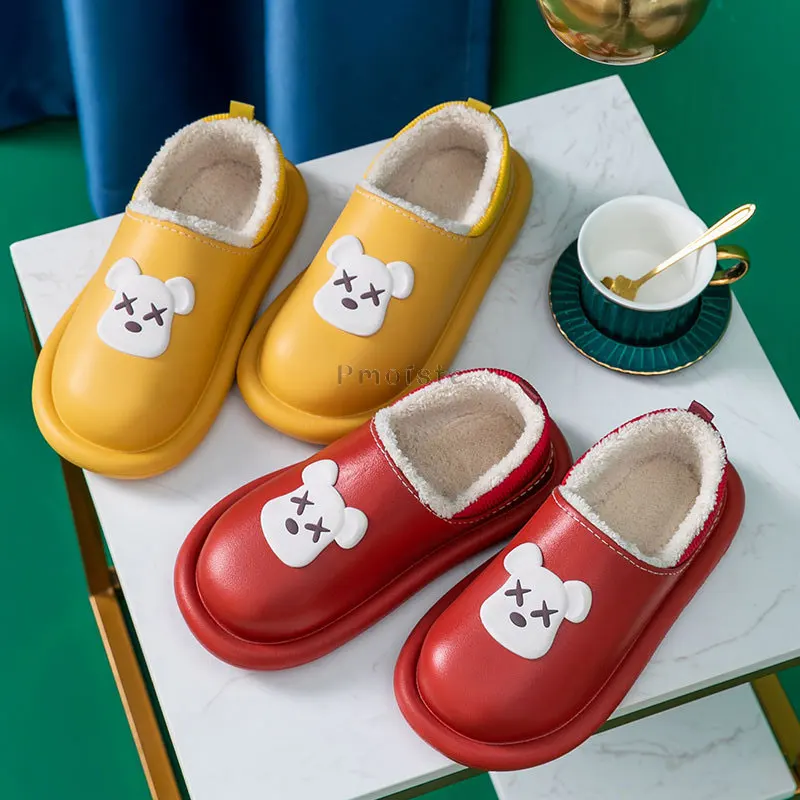 Cartoon Cute Bear Women's Floor Slippers for Home Thick Plush Female House Slipper Non-slip Waterproof Winter Indoor Slippers