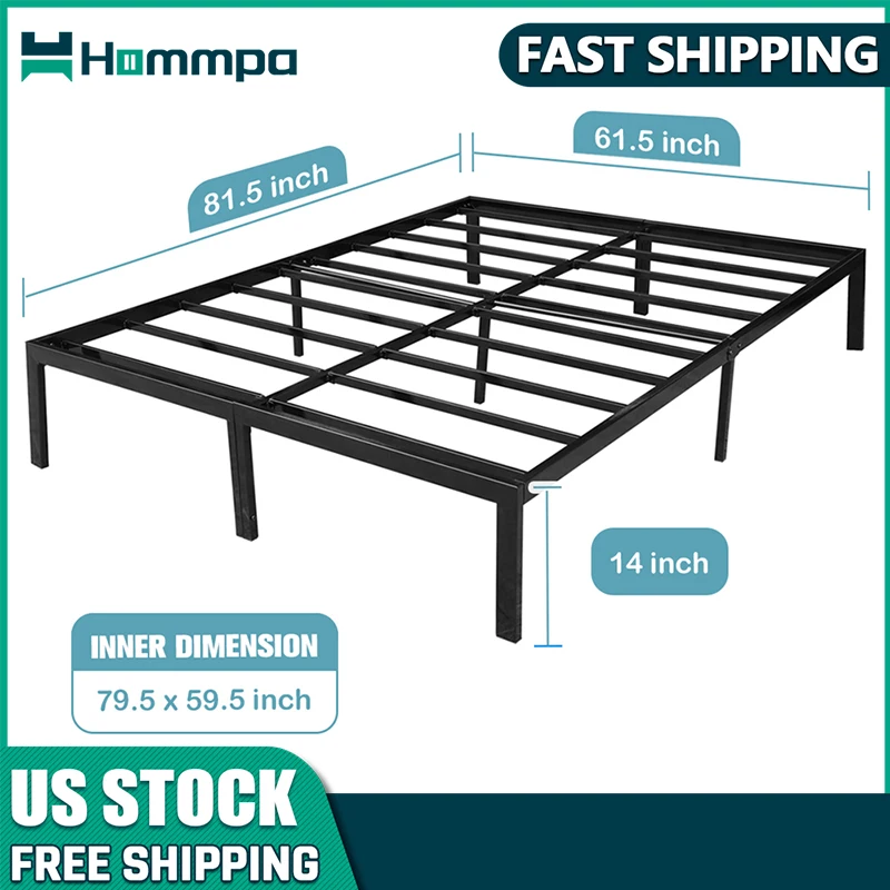 Hommpa Bed Frame Slat Base Double Bed Adult Bed Chest Bed Slat Frame Legs Bedroom Home Interior Black Metal Queen Size