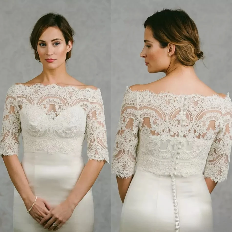 

Off Shoulder Cheap Bridal Wraps Half Sleeves Bridal Coat Lace Jackets Wedding Capes Wraps Bolero Jacket Wedding Dress Wraps