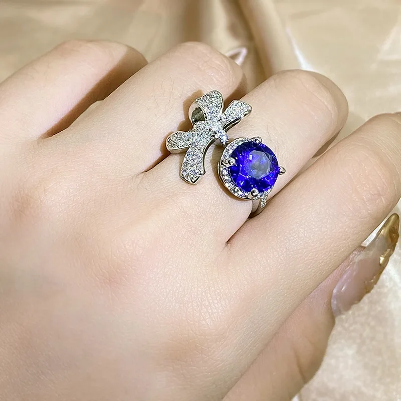 

Новинка изысканное кольцо с бантом из синего циркона для женщин модное свадебное открытое регулируемое обручальное кольцо для невесты жен...