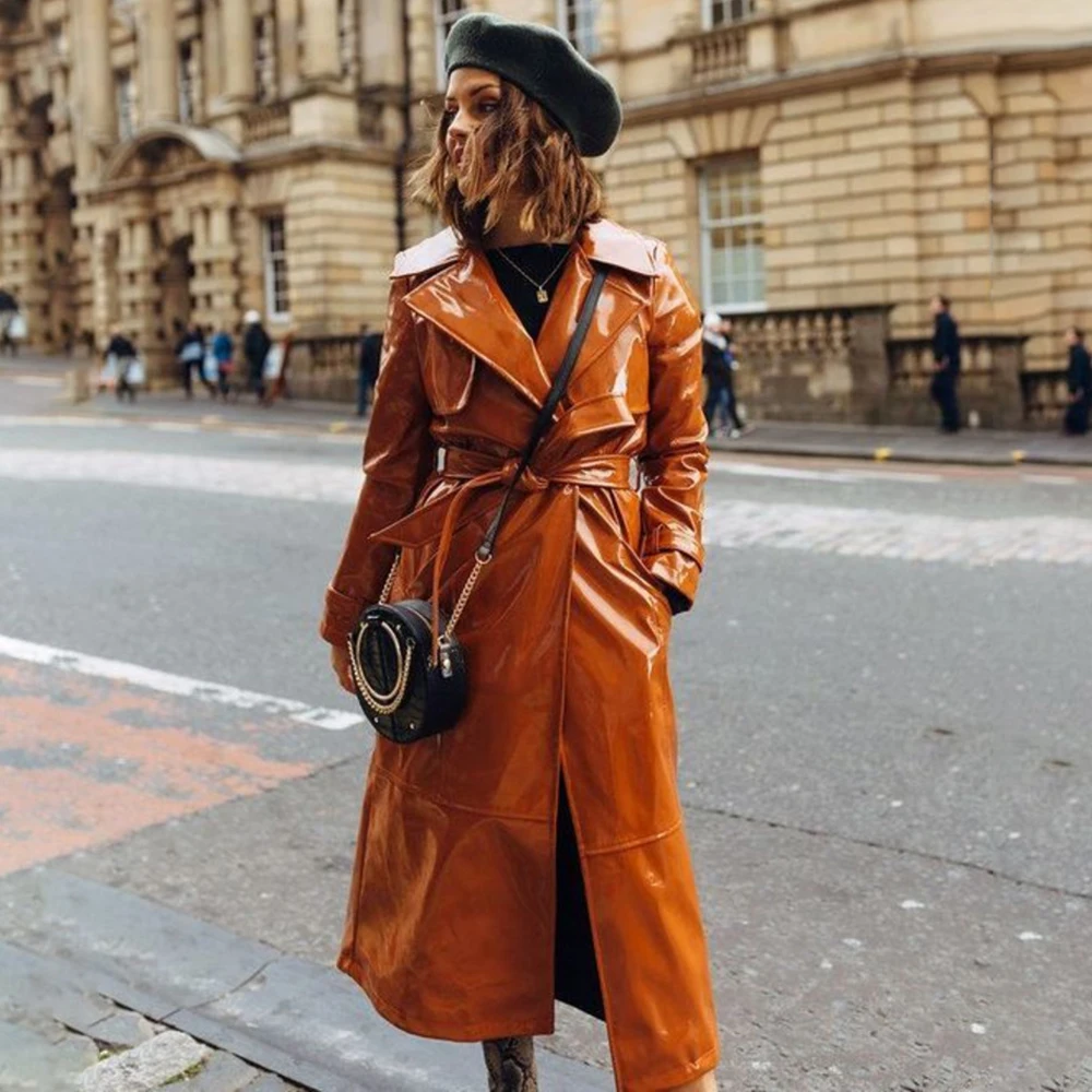 

Дизайнерская модная Яркая кожаная длинная куртка, пальто, женская ветровка из искусственной кожи на осень и зиму, тренчкот, женские пальто и...