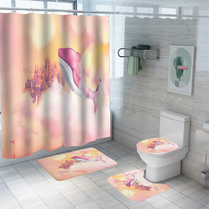 

Cartoon Dolphin Bath Curtain 3D Print Bath Mat Set Fantasy Series Waterproof Ocean Animal Shower Curtain Set Polyester Carpets