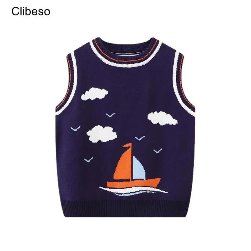 

2023 Clibeso Baby Boys Winter Knit Sweater Vest Children Cartoon Sailboat Sleeveless Knitting Pullover Tops Infants Waistcoat