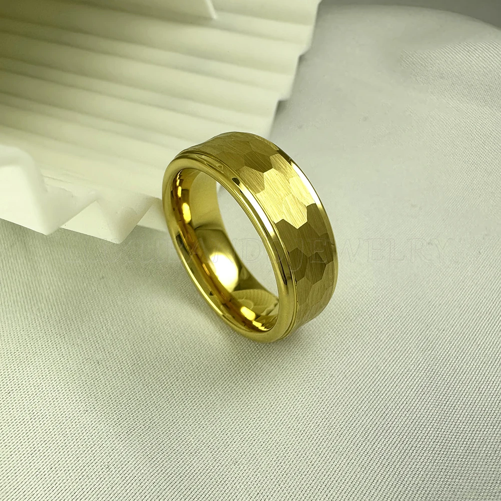 

Rose Black Tungsten Carbide Wedding Hammered Ring Gold Stepped Edges For Women Men Flat 6mm 8mm Brushed Finish Comfort Fit