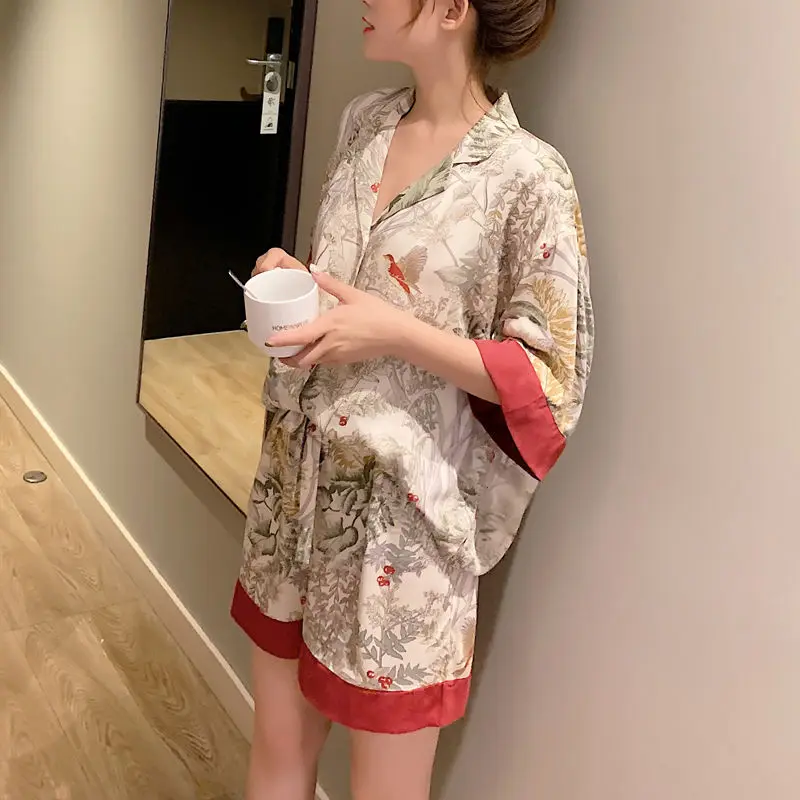 Ice silk pajamas women summer suit high level silk short sleeve shorts girl leisurewear appearance can be worn outside