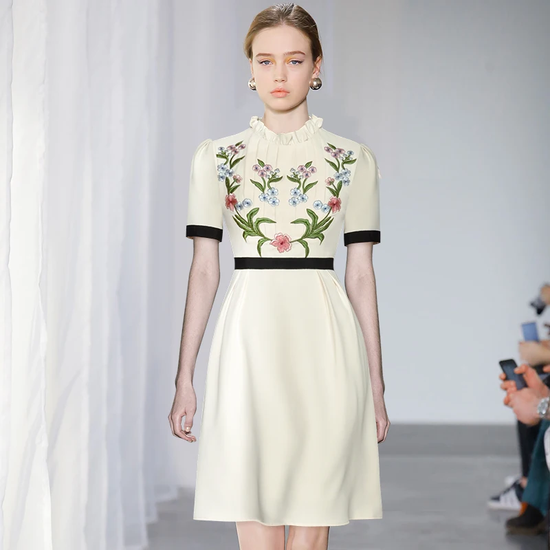 

Flower embroidery women dress fashion short sleeve OL office laides dresses G7509