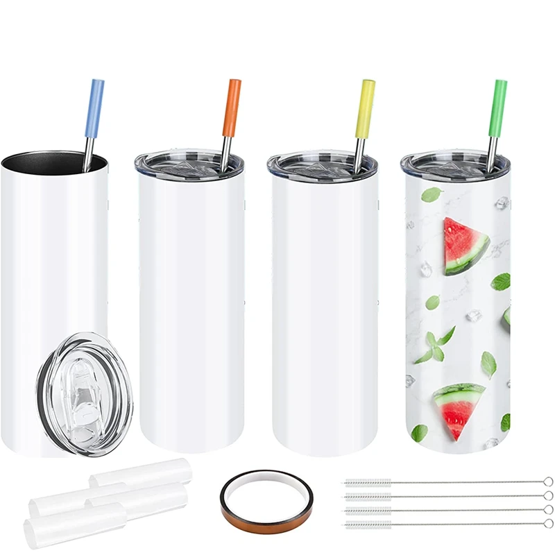 

Sublimation Tumblers,20 Oz Straight Stainless Steel Blank Skinny Tumbler With Lid And Metal Straw - White, 4 Pack