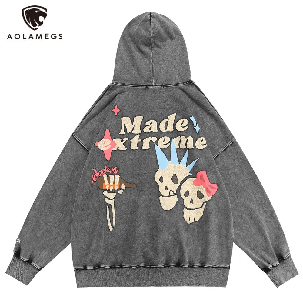 

Aolamegs Men Retro Hoodie Funny Cute Skull Graphic Print Long Sleeves Pullover Solid Color Hip Hop Couple High Street Streetwear