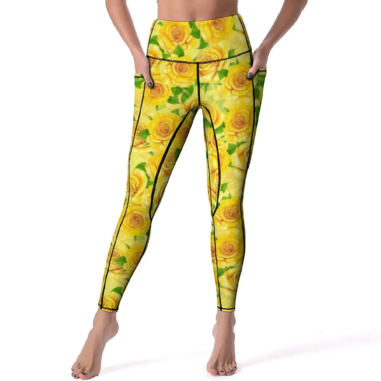 

Watercolor Roses Leggings Yellow Floral Print Workout Gym Yoga Pants High Waist Quick-Dry Sports Tights Fashion Custom Leggins