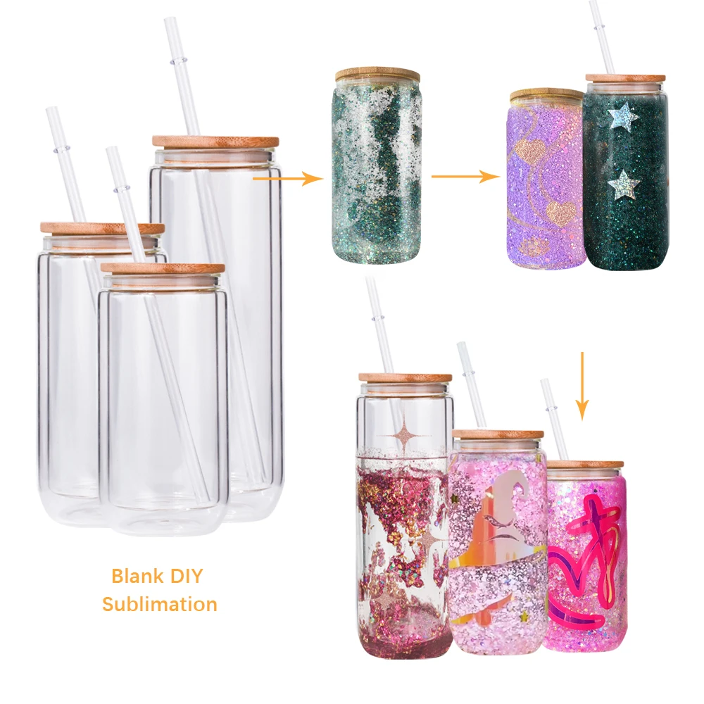 Newest Blank DIY Sublimation Bottle Tumbler Mug Soda Cola Cup Double Wall Snow Globe Beer Glass Can with Bamboo Lid and Straw
