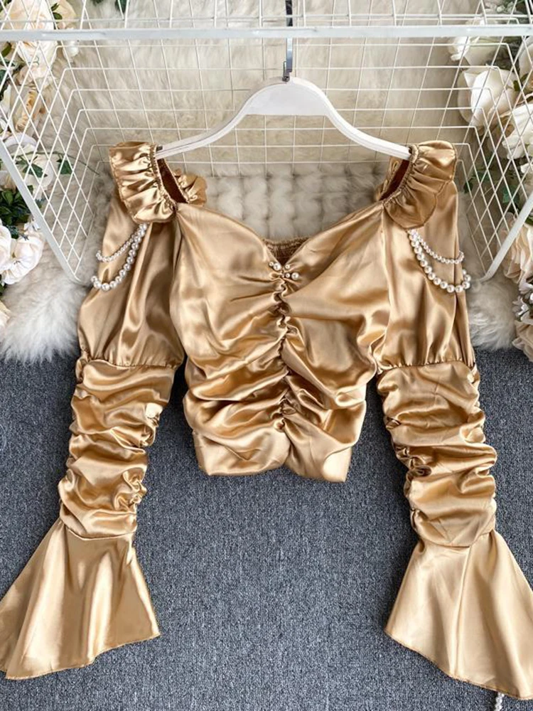 

JMPRS High Street Women Blouse Luxury Pearl Flare Sleeve Ladies Crop Top New Fashion Pleated Korean Elastic Short Party Blouse