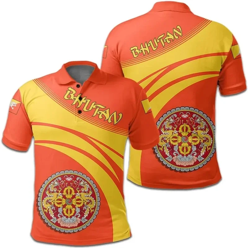 Bhutan Герб 3D Рубашка-поло с принтом Kingdom Of Map Флаг Графическая футболка-поло Модные