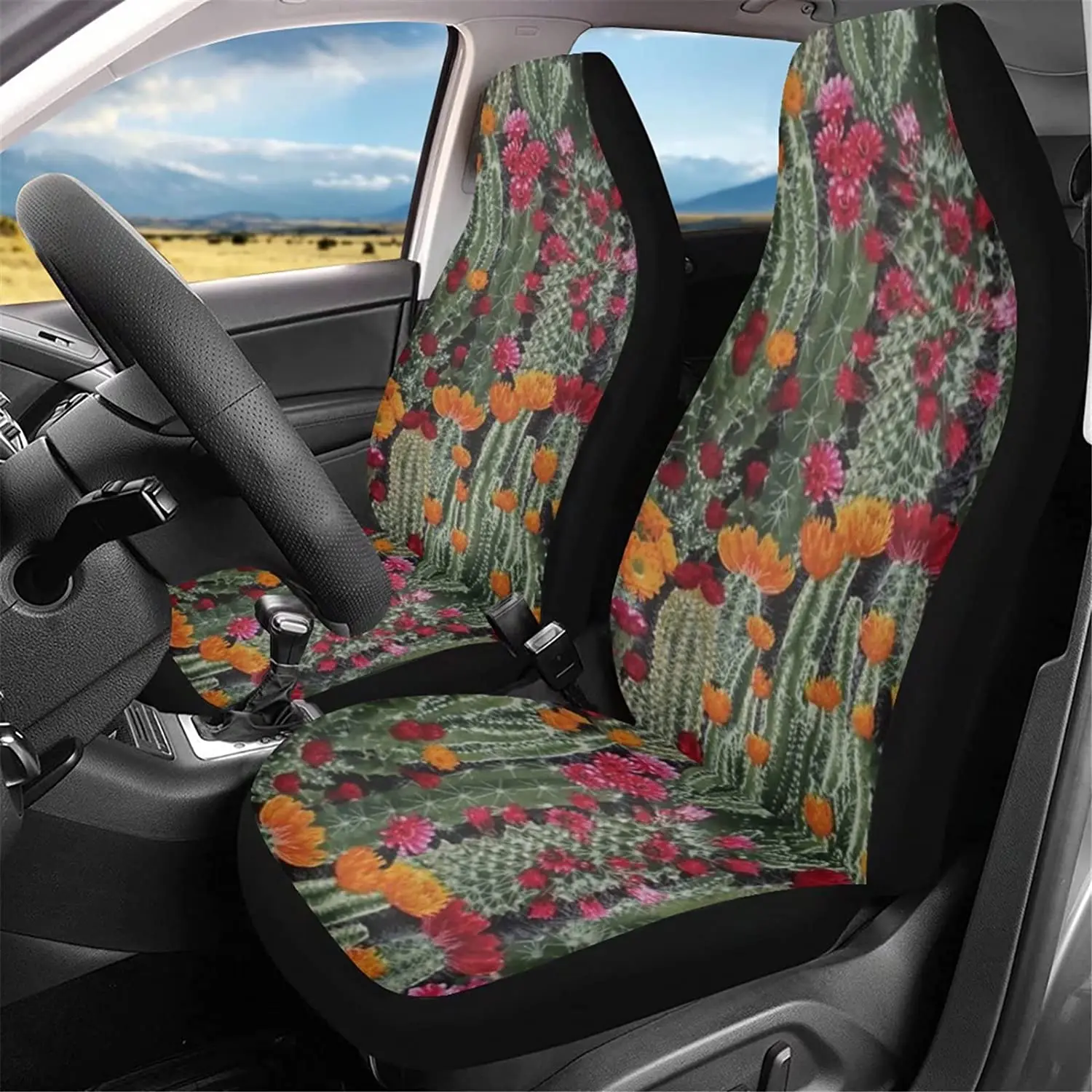 

Car Seat Covers Front Seats Only Full Set of 2 Tropical Cactus Flower Printed Car Interior Soft Comfortable Seat Protector