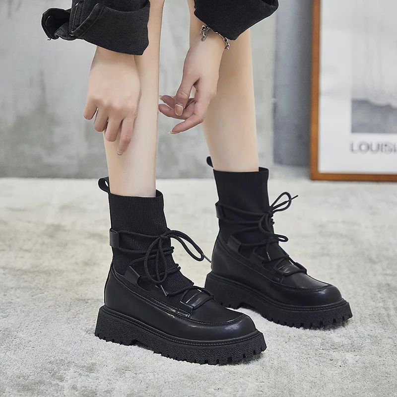 

2022 British Lacing Ankle Boots Women's Platform Boots Booties Autumn Fashion Black Boots Botas De Mujer