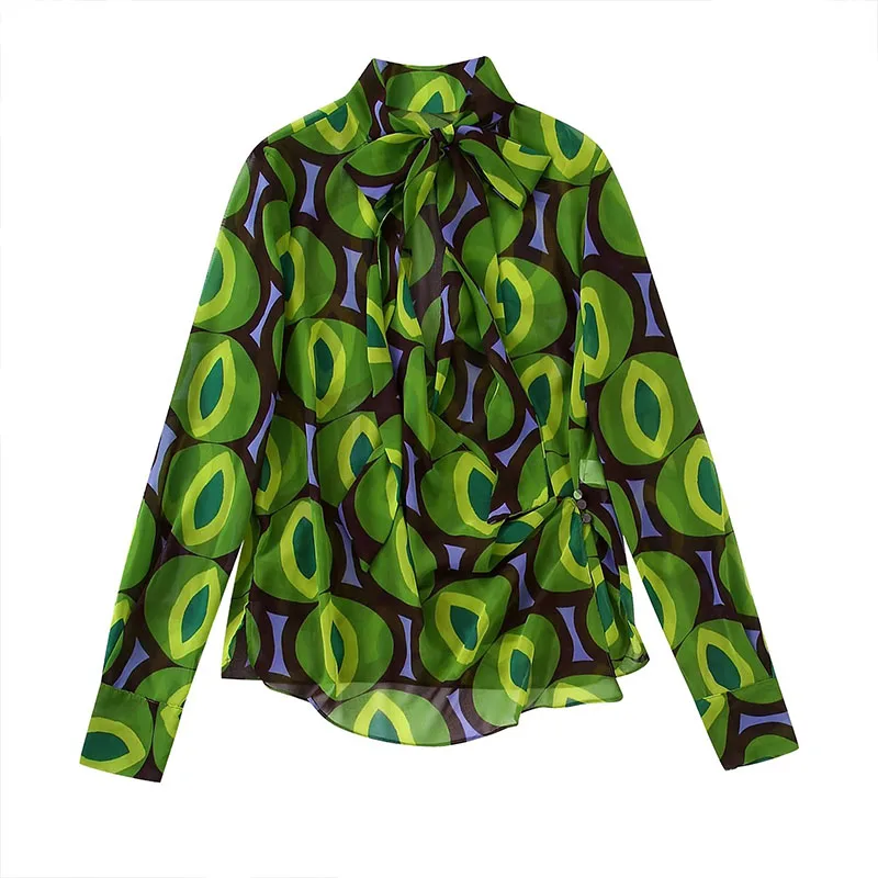 

2022 Fall and Winter Women's Casual Shirt Printed Tops Long-Sleeved V-Neck Bottoming Shirt Bow 221317