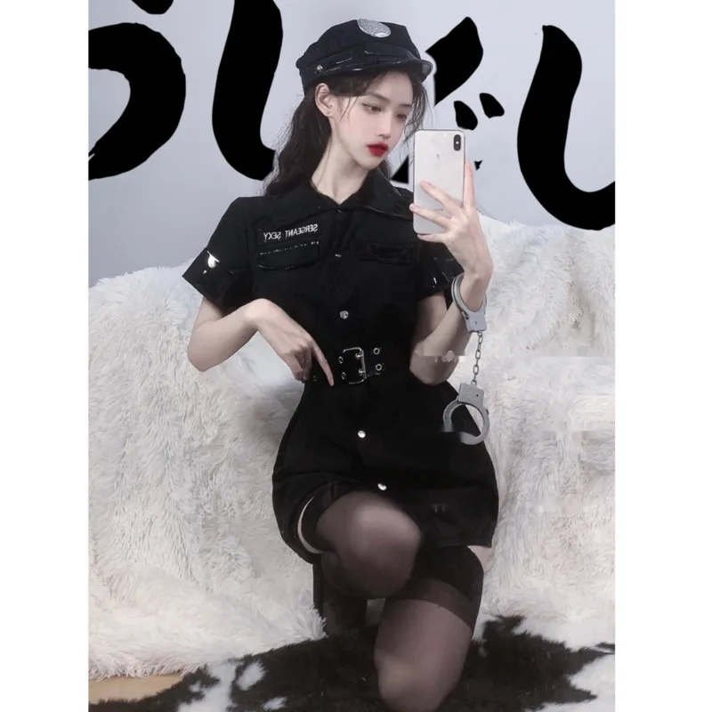 

Black Cosplay Policewoman Costume Game Uniform Instructor A-line Dress Skirt Seductive Sexy Stewardess Secretary Nurse Set O9L0