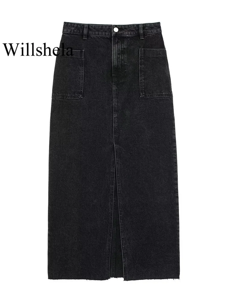 

Women Fashion With Pockets Denim Black Front Zipper Midi Skirts Vintage High Waist Female Chic Lady Long Skirts