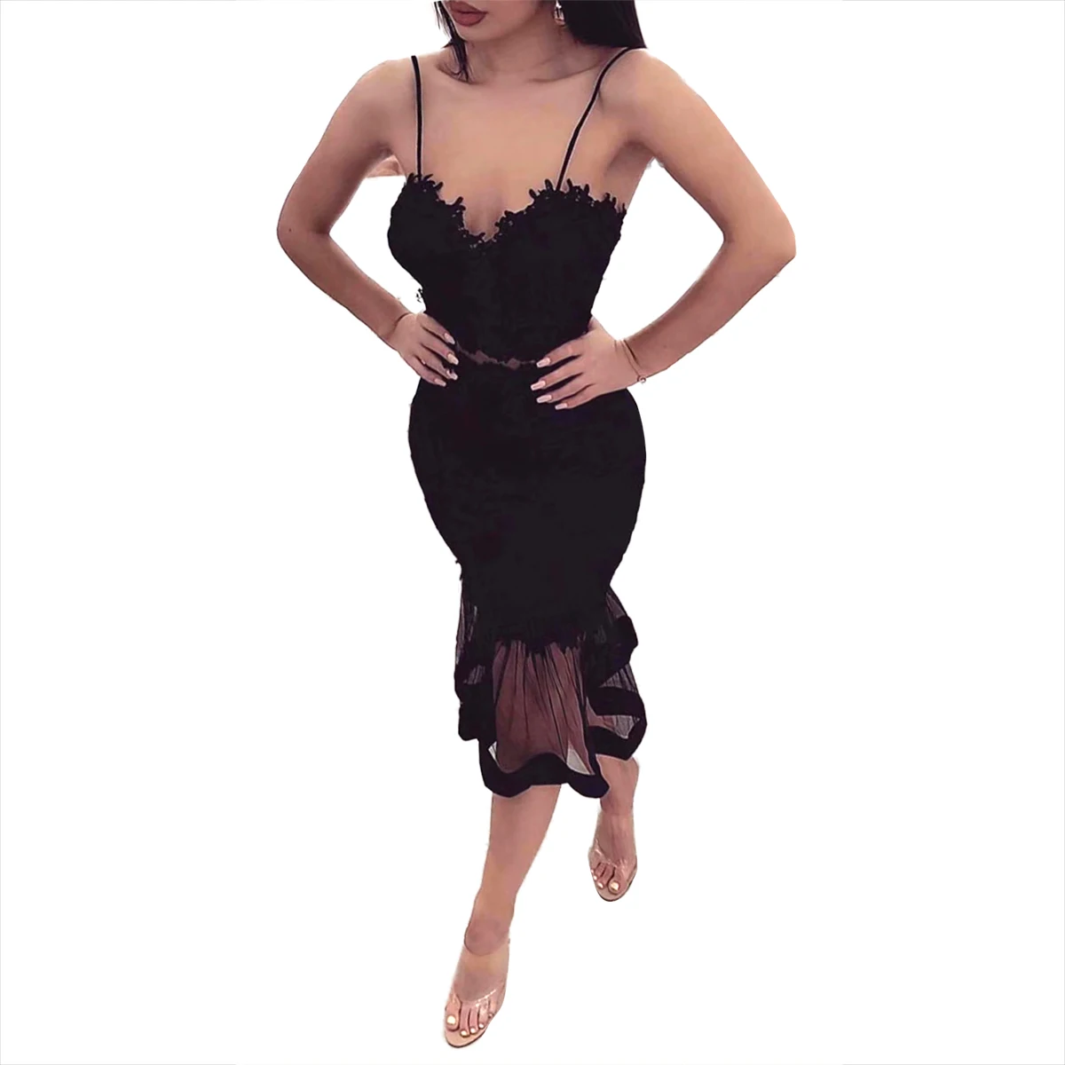 

Summer Spaghetti Strap Sleeveless Black Mermaid Women Dress Mesh Lace Club Celebrity Runaway Party Bodycon Bandage Dress Vestido