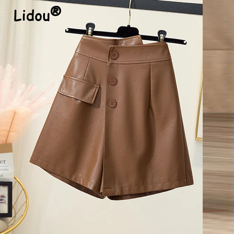 

Sexy Asymmetry PU Leather with Buttons Shorts for Women Spring Autumn New Fashion Elegant High Waist Solid Slim Club Mini Skirts