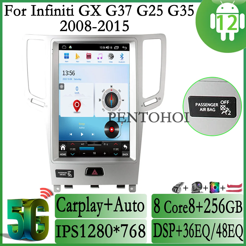 

PENTOHOI Android 12 для Infiniti GX G37 G25 G35 2008 - 2015 Автомагнитола мультимедийный видеоплеер стерео автонавигация GPS 4G WIFI