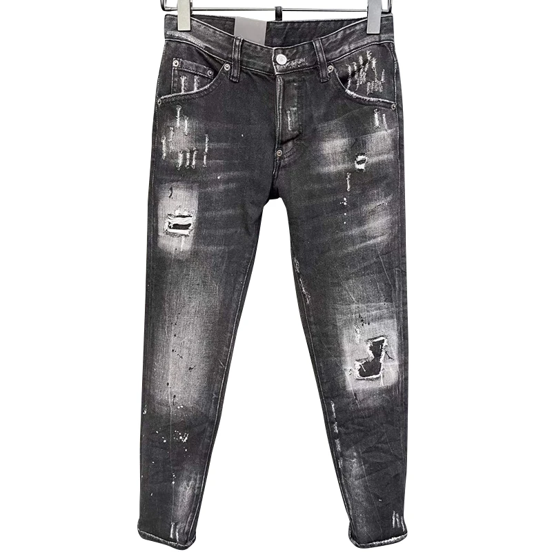 Starbags DSQ Chic men's casual black jeans with straight legs and small feet and ripped hole