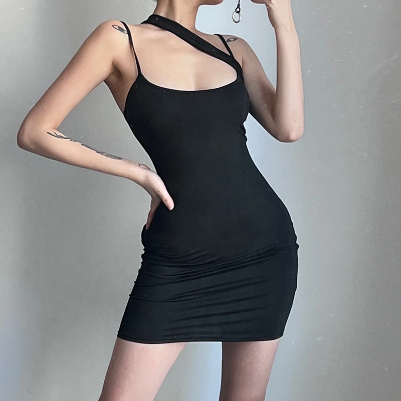 

Off Shoulder Irregular Bodycon Slip Dresses For Women 2022 Black Solid Slim Elegant Fashion Sexy Club Party Dress Mini