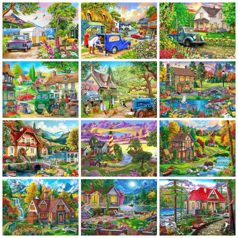 

AZQSD Painting By Numbers House Garden Flower HandPainted Diy Gift Wall Art Coloring By Numbers Landscape Lake Home Decor