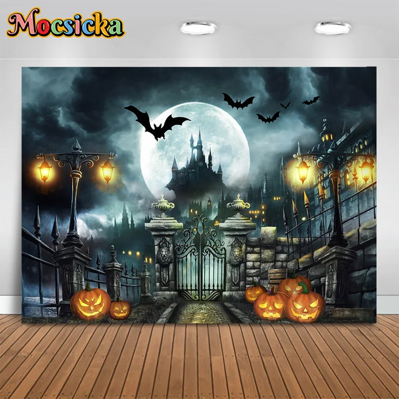 

Mocsicka Photography Backgrounds Halloween Castle Pumpkin Moon Backdrop Horror Nights Kids Party Banner Photo Studio Portrait