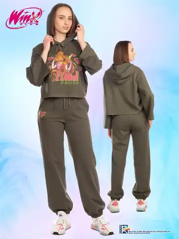 WINX young adults Комплект худи короткое и брюки на резинке снизу футер 2-х нитка хаки, размер 44-46, рост 164-170