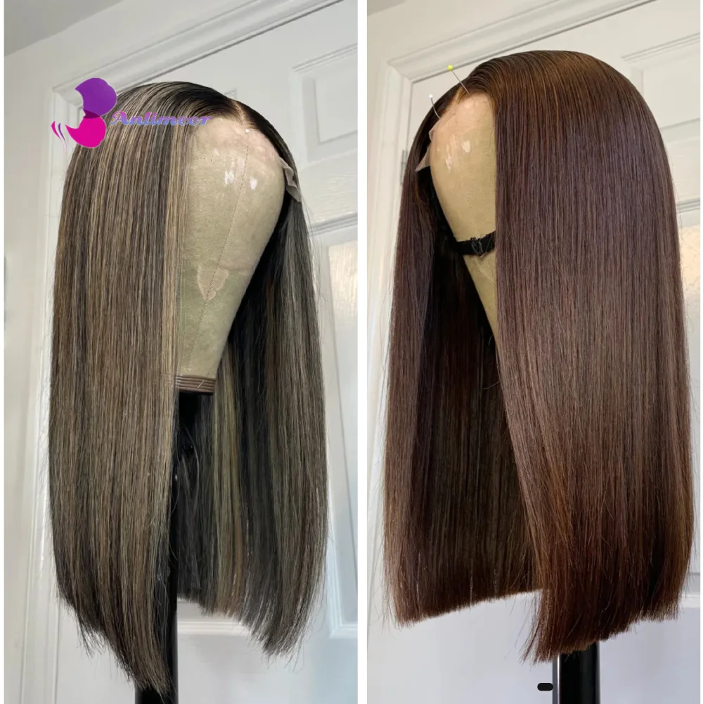 Alimeer Pu Silk Base Top 13X4 Lace Front Wig Short Bob Wig Shoulder Longth Chestnut Brown Virgin Human Hair Wig for Women