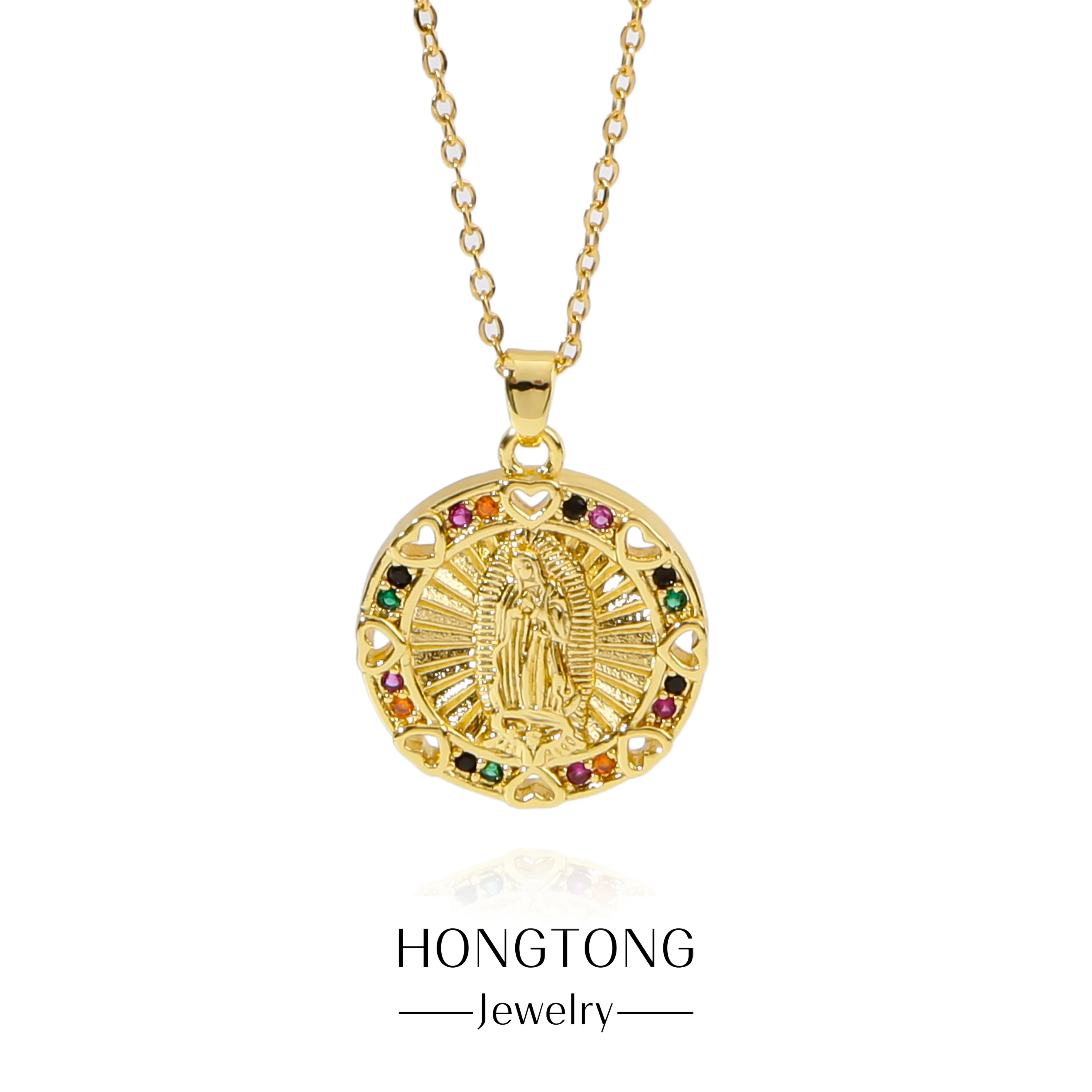 

HONGTONG Personality Creative Virgin Mary Hollowed Out Heart Type Pendant Colorful Zircon Inlaid Stainless Necklace Unique Gift